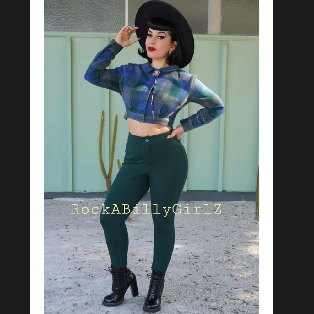 Tatyana Luisa Retro Pinup Hunter Green RockABilly Stretch High Waist Capri Pants